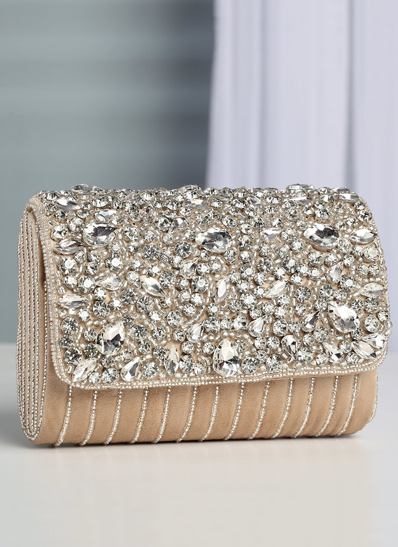 Beige Suede Stones Clutch Party Wear