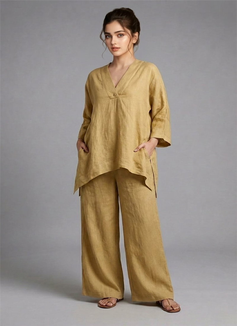 Beige Sunlit Drape Cotton Co Ord Set After Six Wear