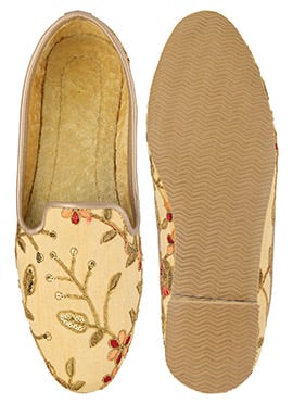 Beige Synthetic Embroidered Mojiri For Men