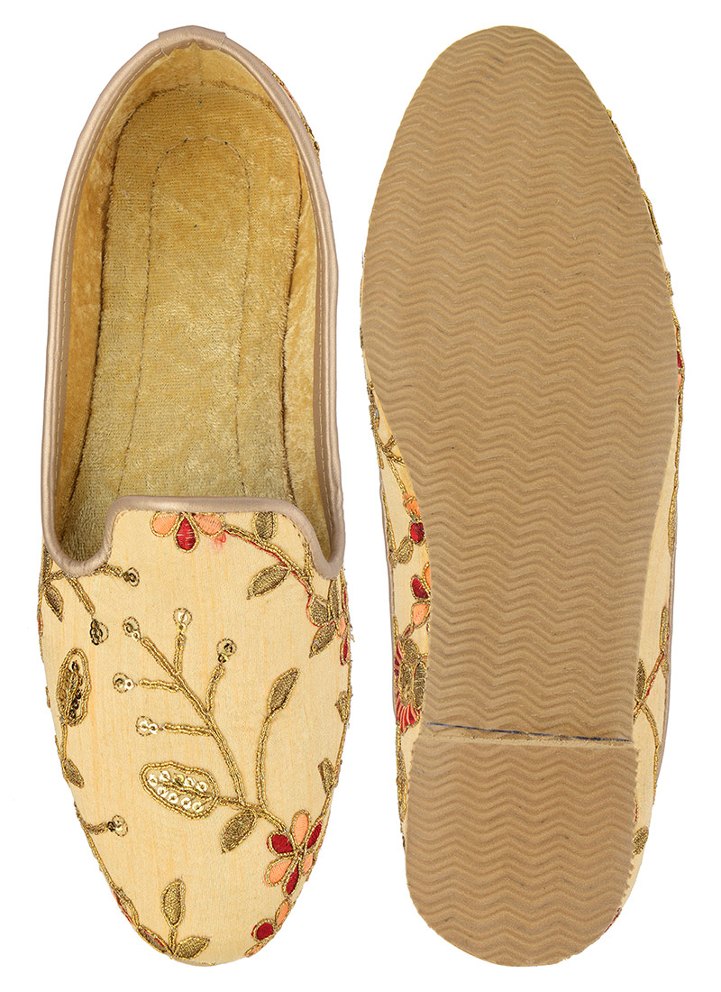 Beige Synthetic Embroidered Mojiri For Men