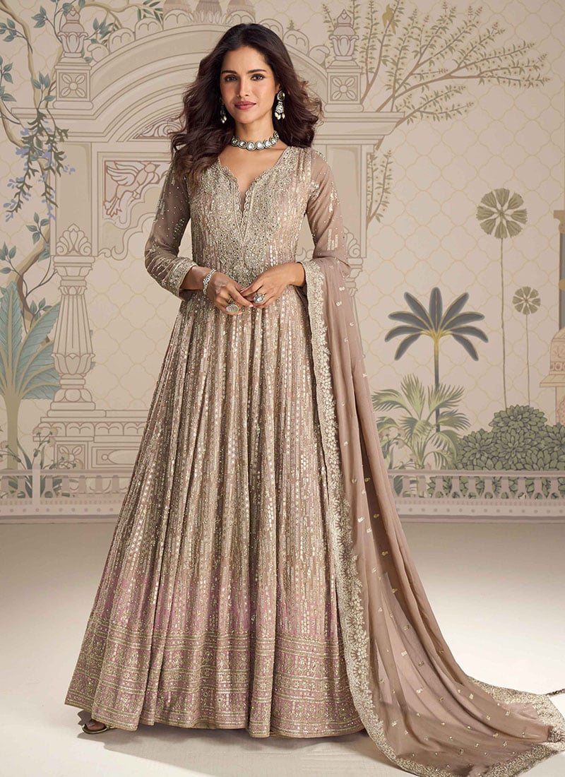Beige Thread Embroidered Sequins Anarkali Suit Festive Wear