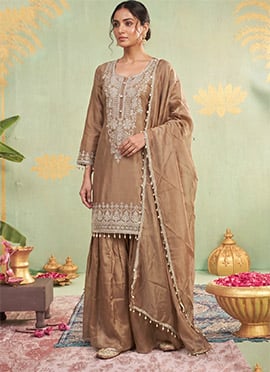 Beige Tissue Embroidered Palazzo Suit