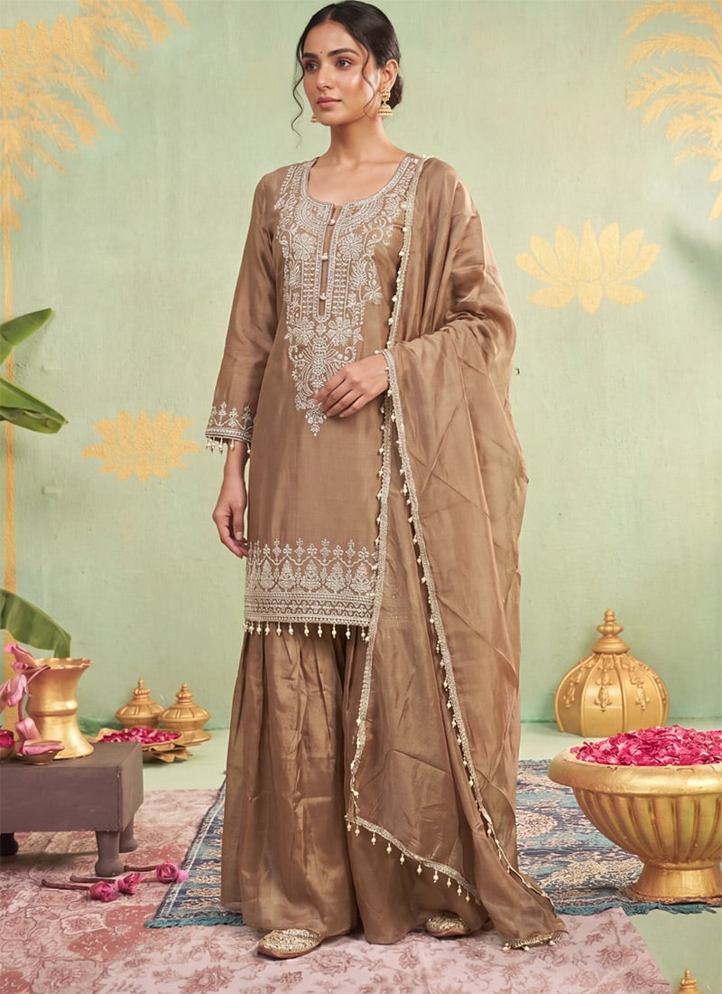 Beige Tissue Embroidered Palazzo Suit After Six Wear
