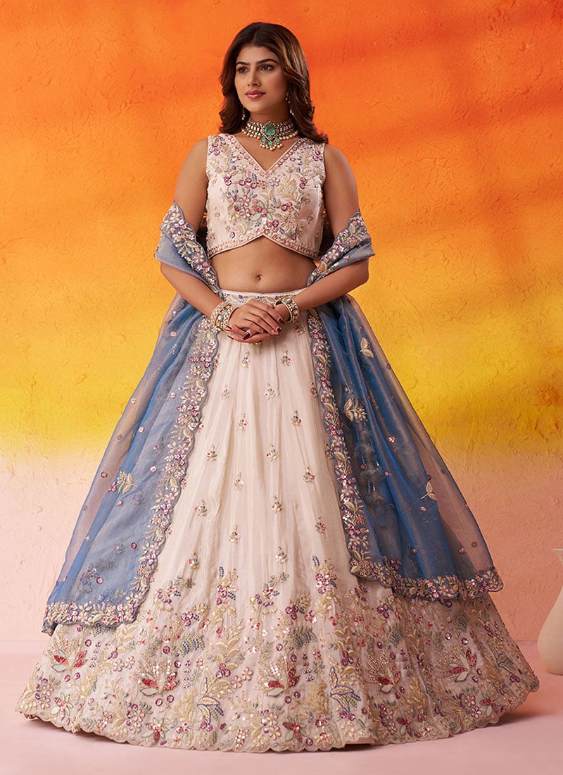 Beige Tissue Embroidered Sequins And Beads Work Lehenga Wedding Wear