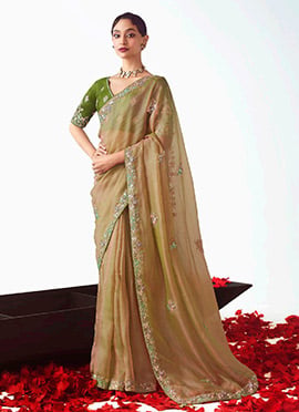 Beige Tissue Embroidered Sequins Saree