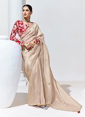 Beige Tissue Embroidered Sequins Saree With Digital Print Blouse