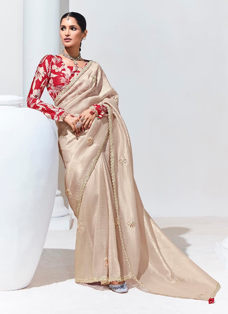 Beige Tissue Embroidered Sequins Saree With Digital Print Blouse