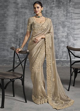 Beige Tissue Embroidered Sequins With Stone And Beads Work Saree