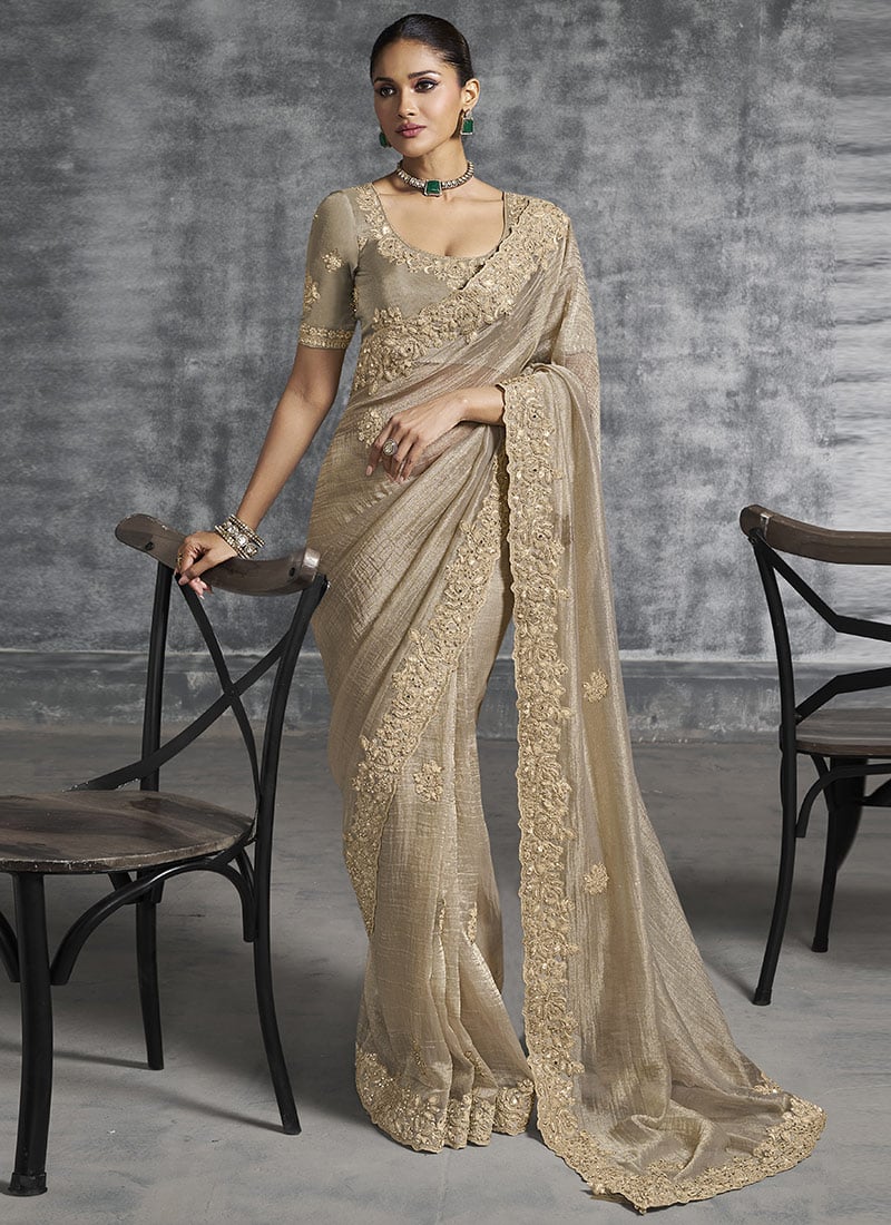 Beige Tissue Embroidered Sequins With Stone And Beads Work Saree  Wedding Wear