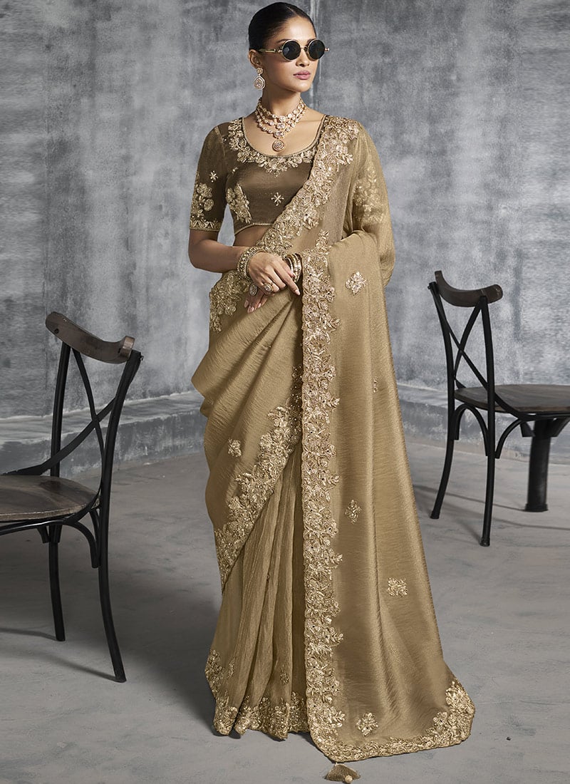 Beige Tissue Embroidered Sequins With Stone And Beads Work Saree  Wedding Wear