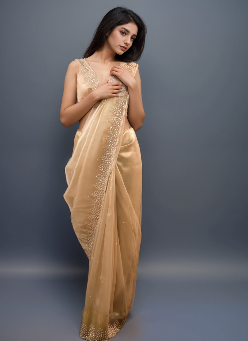 Sand Beige Fancy Embroidered Saree
