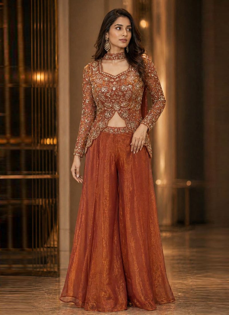 Beige Tissue Shimmer Silk Palazzo Set With Sequence Embroidery And Mirror Work Wedding Wear