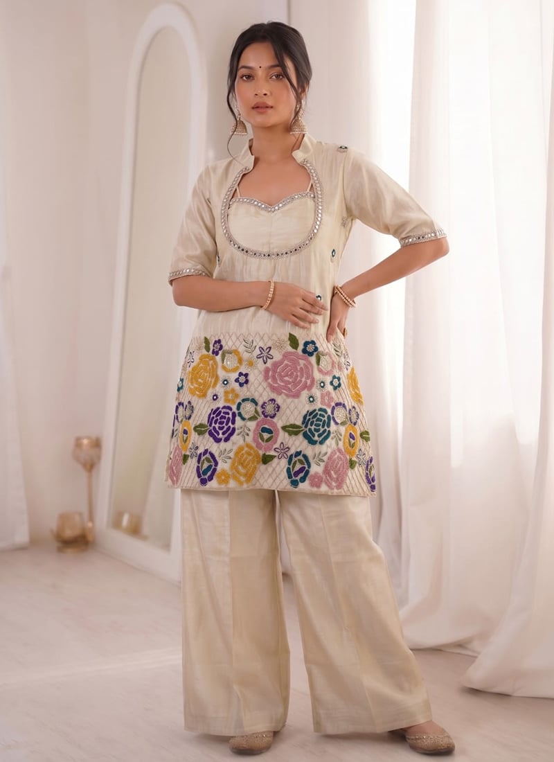 Beige Tissue Shimmer Silk Palazzo Set With Sequence Embroidery And Mirror Work After Six Wear