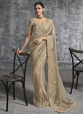Beige Tissue Silk Resham Sequins Embroidered Stones Beads Zari Saree