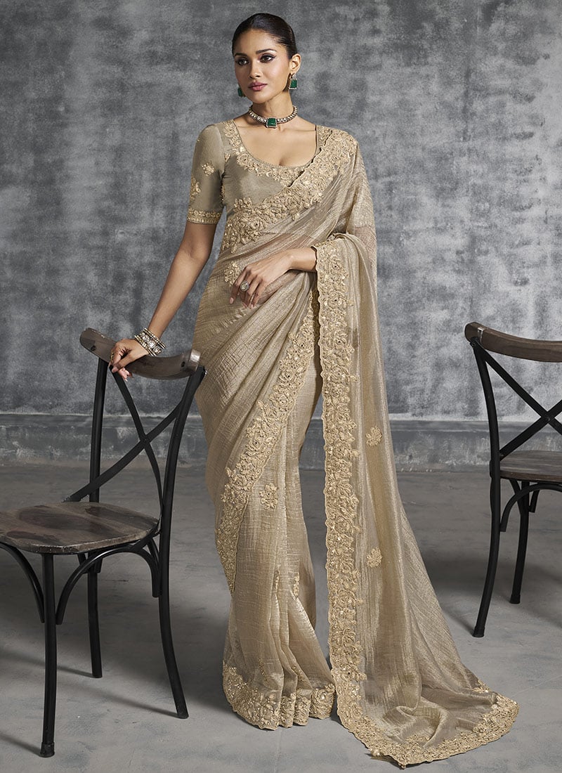 Beige Tissue Silk Resham Sequins Embroidered Stones Beads Zari Saree Wedding Wear