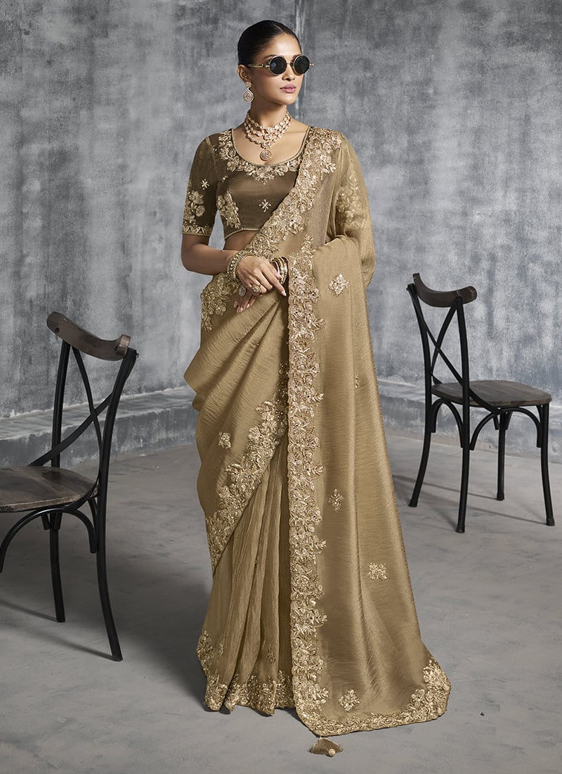 Beige Tissue Silk Resham Sequins Embroidered Stones Beads Zari Saree Wedding Wear
