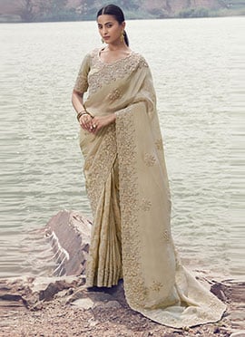 Beige Tissue Silk Sequins Embroidered Stones Thread Saree