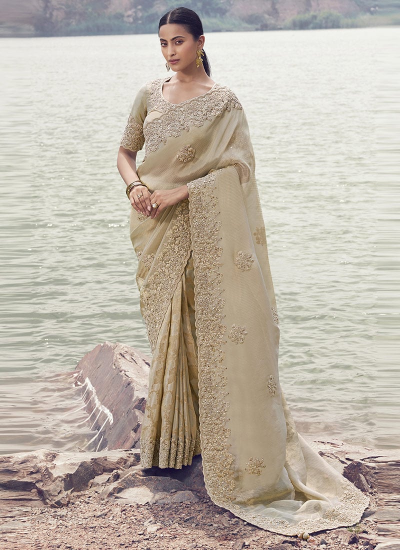 Beige Tissue Silk Sequins Embroidered Stones Thread Saree Festive Wear