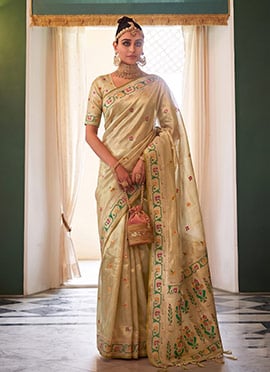 Beige Tissue Silk Woven Jacquard Saree