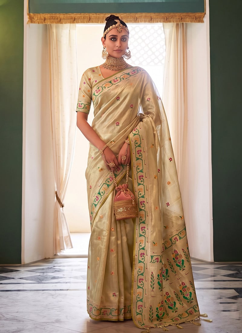 Beige Tissue Silk Woven Jacquard Saree Festive Wear