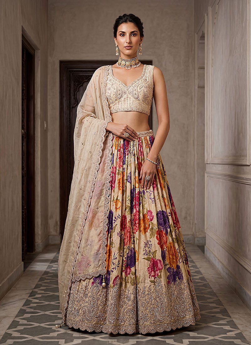 Beige Tissue Zari Embroidered Sequins Stones Beads Lehenga Wedding Wear