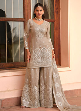 Beige Tora Silk Zari Embroidered Palazzo Suit