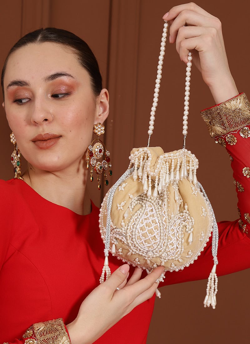 Beige Velvet Cut Dana Potli Embossed With Beads And Moti Party Wear
