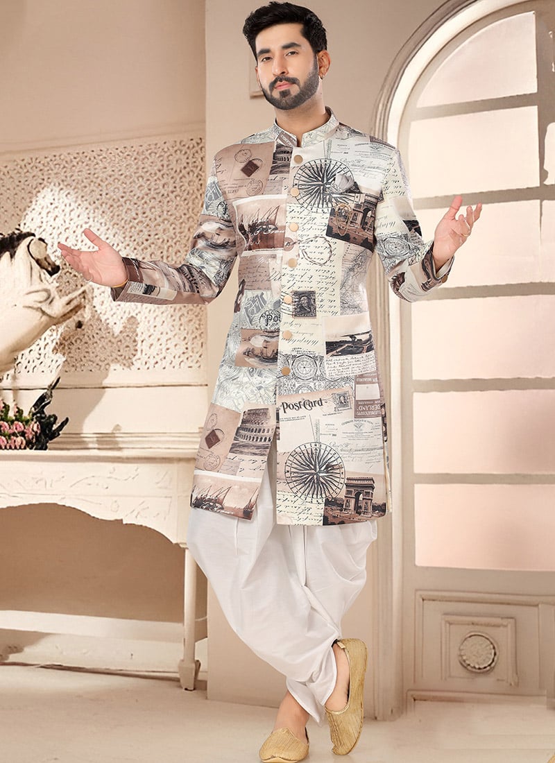 Beige Velvet Printed Classic Sherwani Dhoti Style Pants Wedding Wear-SHMHEKS2365