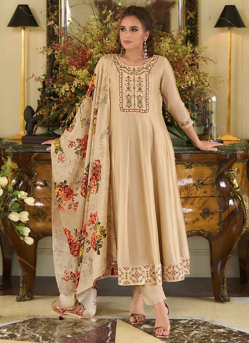 Beige Vichitra Silk Sequins Embroidered And Beads Straight Pant Suit Festive Wear