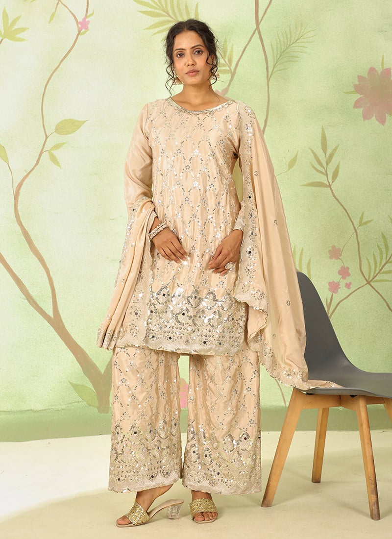 Beige Vichitra Silk Zari Mirror Work Sequins Palazzo Suit Festive Wear