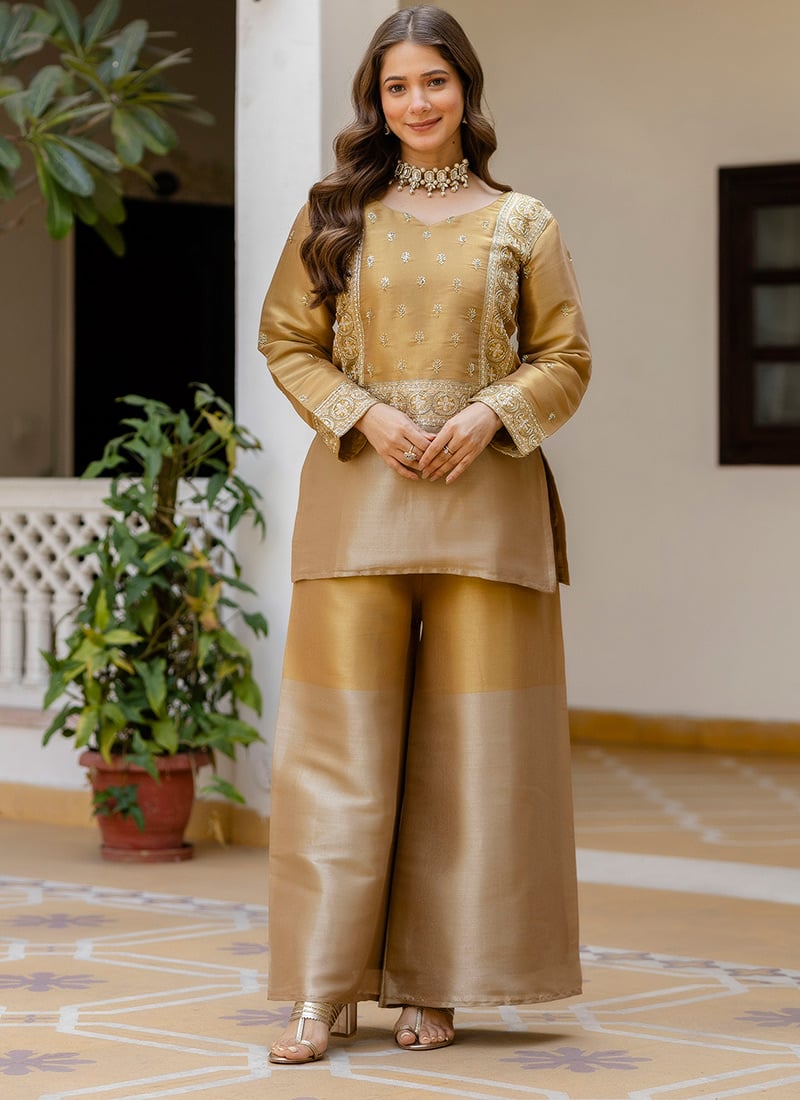 Beige Viscose Banarasi Embroidered With Beads Work Co Ord Set Festive Wear