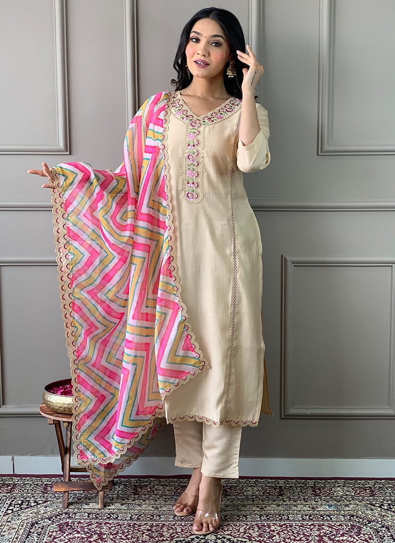 Beige Viscose Chanderi Embroidered Classy Straight Pant Suit Festive Wear