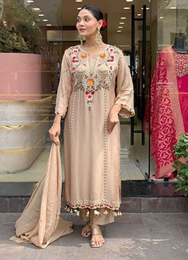 Beige Viscose Embroidered Sequins Straight Pant Suit