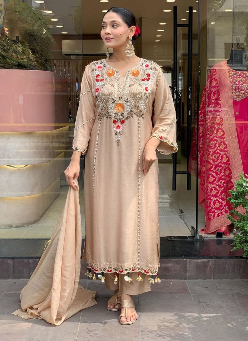 Beige Viscose Embroidered Sequins Straight Pant Suit After Six Wear