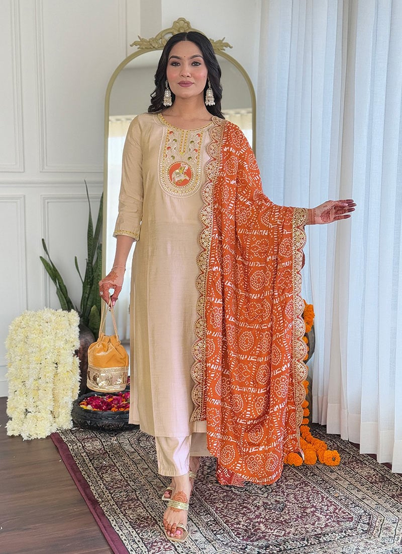 Beige Viscose Embroidered Straight Pant Suit With Bandhani Dupatta