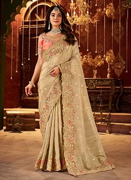 Beige Viscose Jacquard Tissue Zari Embroidered Sequins Beads And Stone Work Saree
