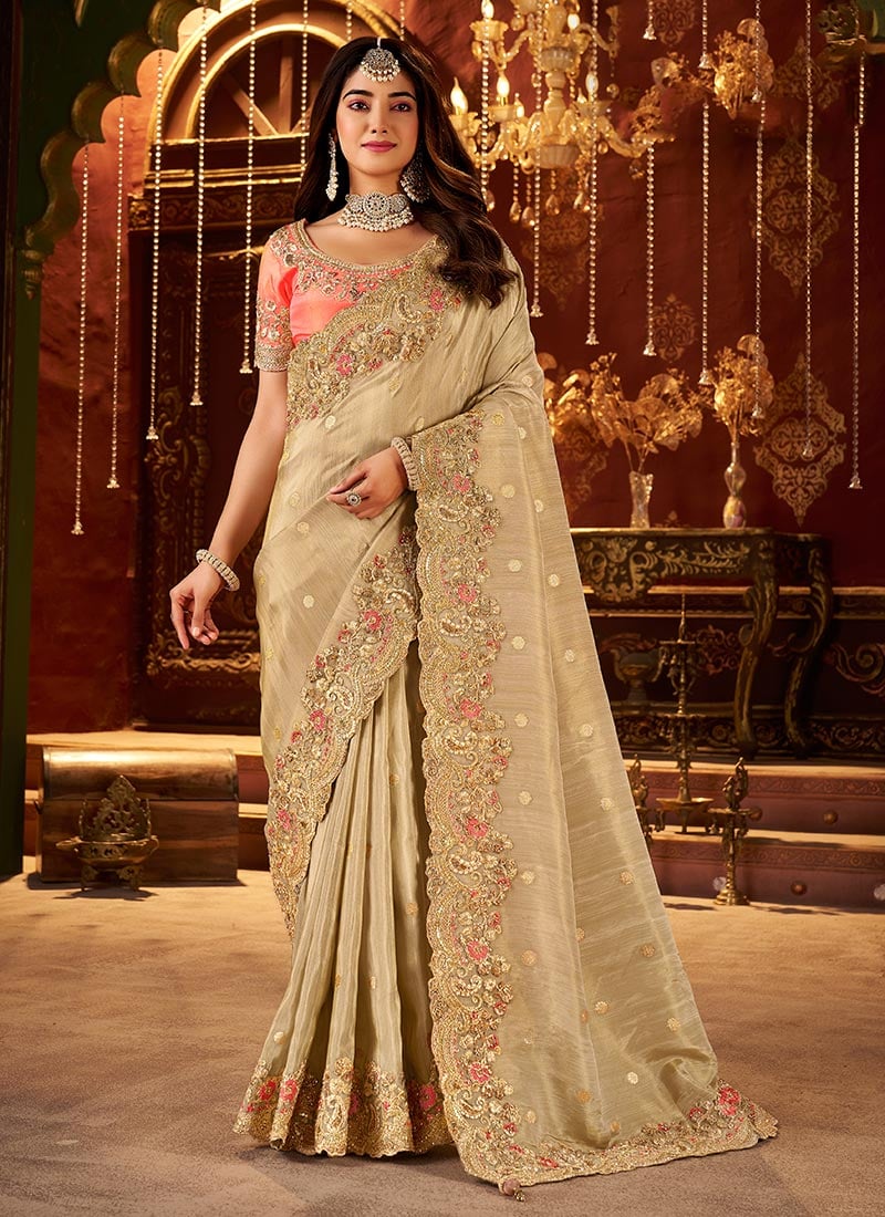 Beige Viscose Jacquard Tissue Zari Embroidered Sequins Beads And Stone Work Saree Wedding Wear