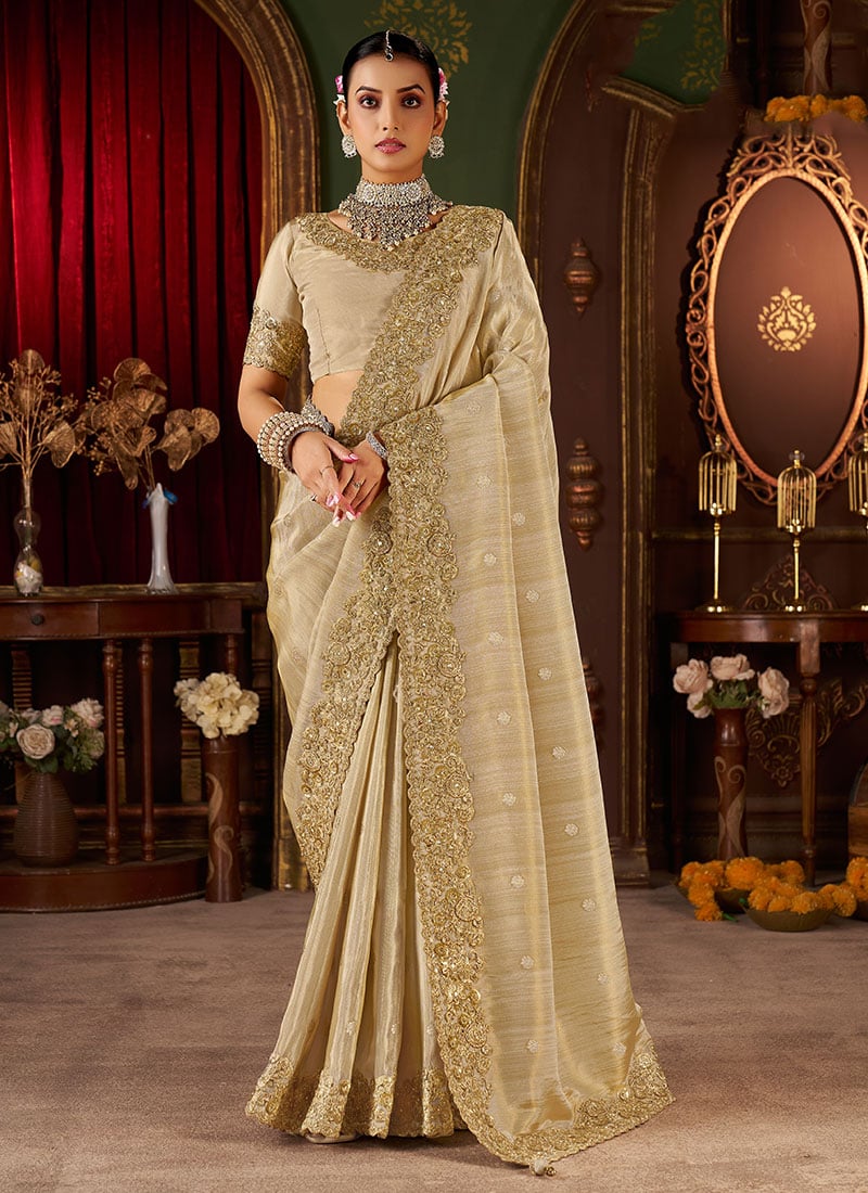 Beige Viscose Jacquard Tissue Zari Embroidered Sequins Beads And Stone Work Saree Wedding Wear