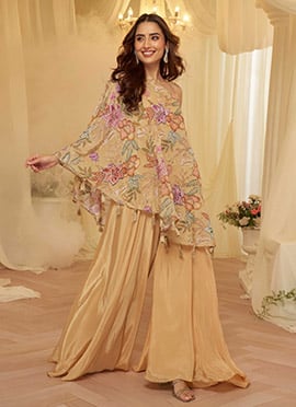 Beige Viscose Printed Zari Embroidered Sequins One Shoulder Indowestern Palazzo Set