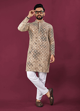 Beige Viscose Rayon Lucknowi Chikankari Sequins Kurta Pyjama