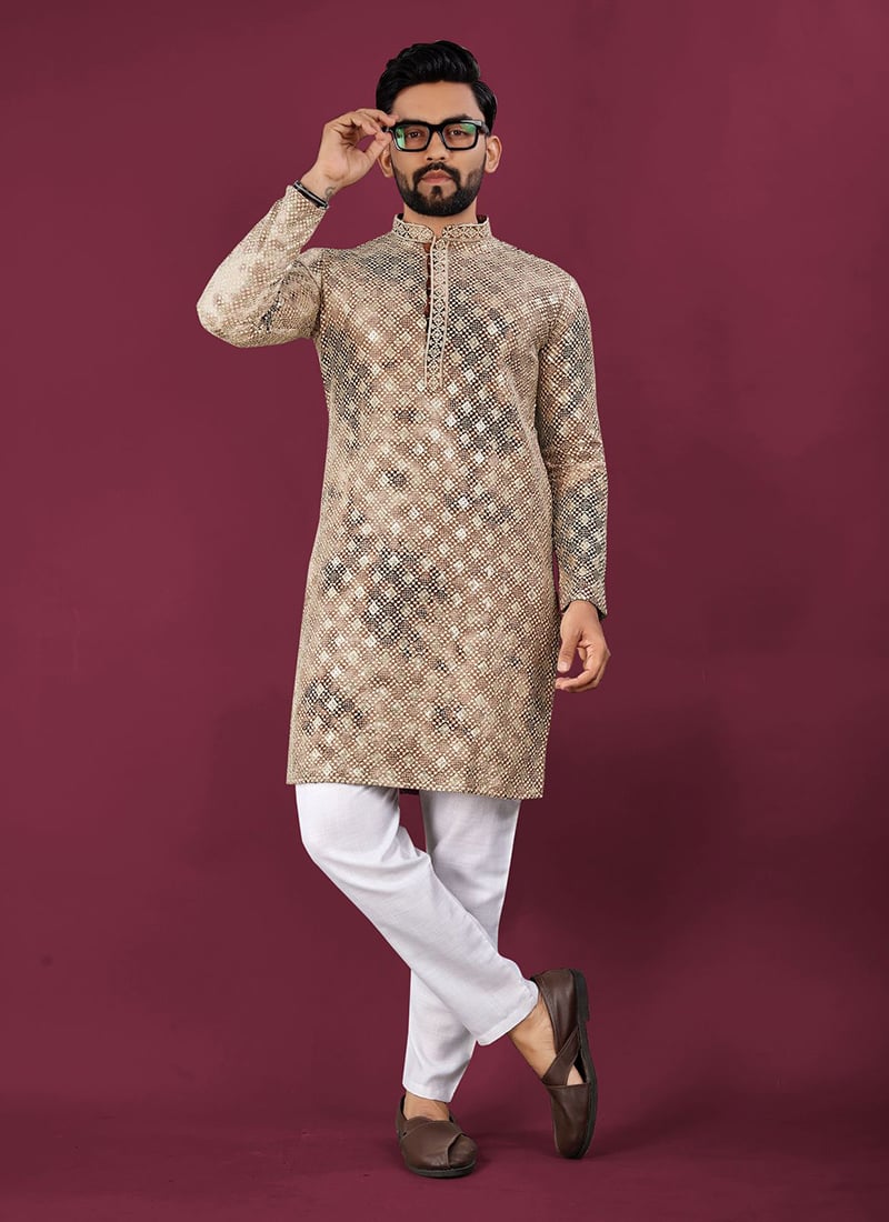 Beige Viscose Rayon Lucknowi Chikankari Sequins Kurta Pyjama Festive Wear