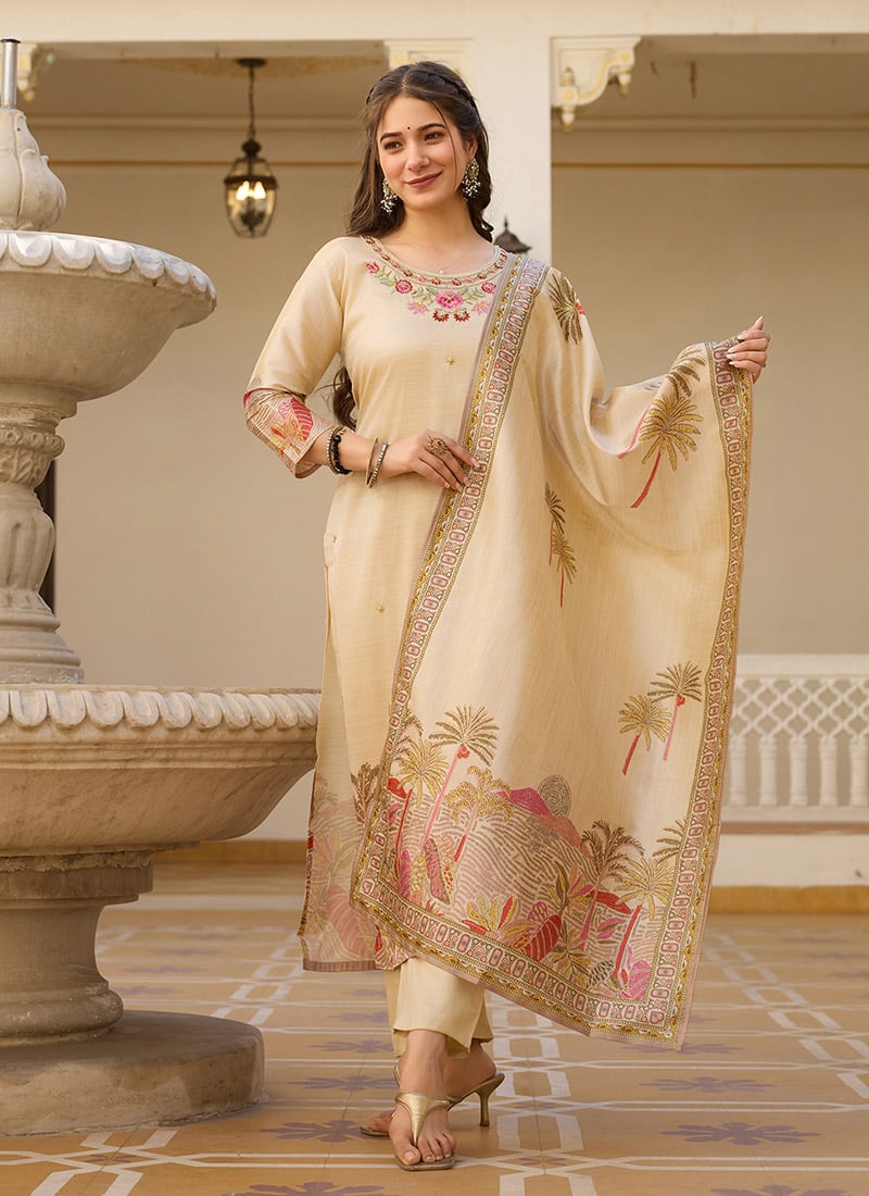 Beige Viscose Silk Embroidered Beads Printed Straight Pant Suit After Six Wear