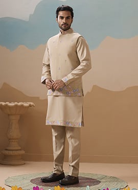Beige Viscose Silk Embroidered Sequins Bandi Set For Men