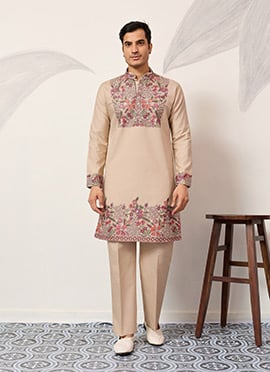 Beige Viscose Silk Embroidered Sequins Kurta Pyjama For Men