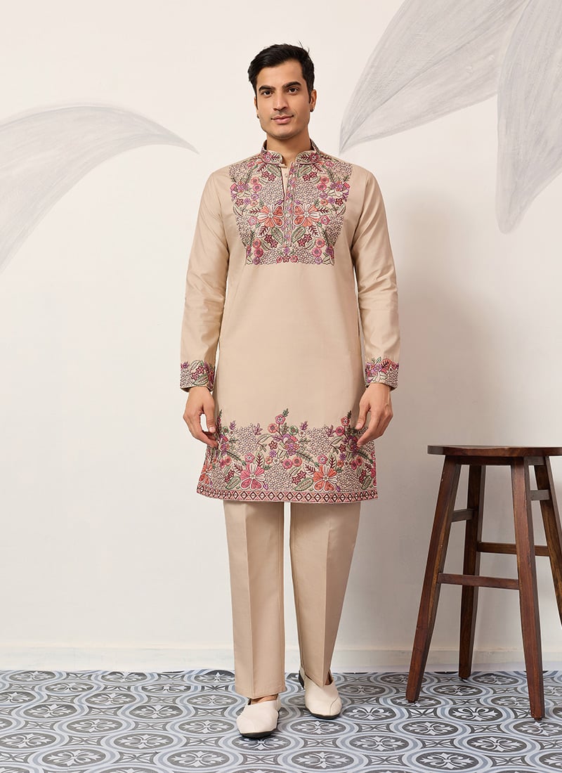 Beige Viscose Silk Embroidered Sequins Kurta Pyjama For Men Festive Wear