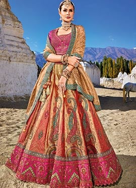 Beige Viscose Silk Embroidered Umbrella Lehenga