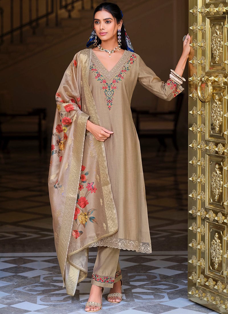Beige Viscose Straight Pant Suit With Embroidery And Digital Print After Six Wear