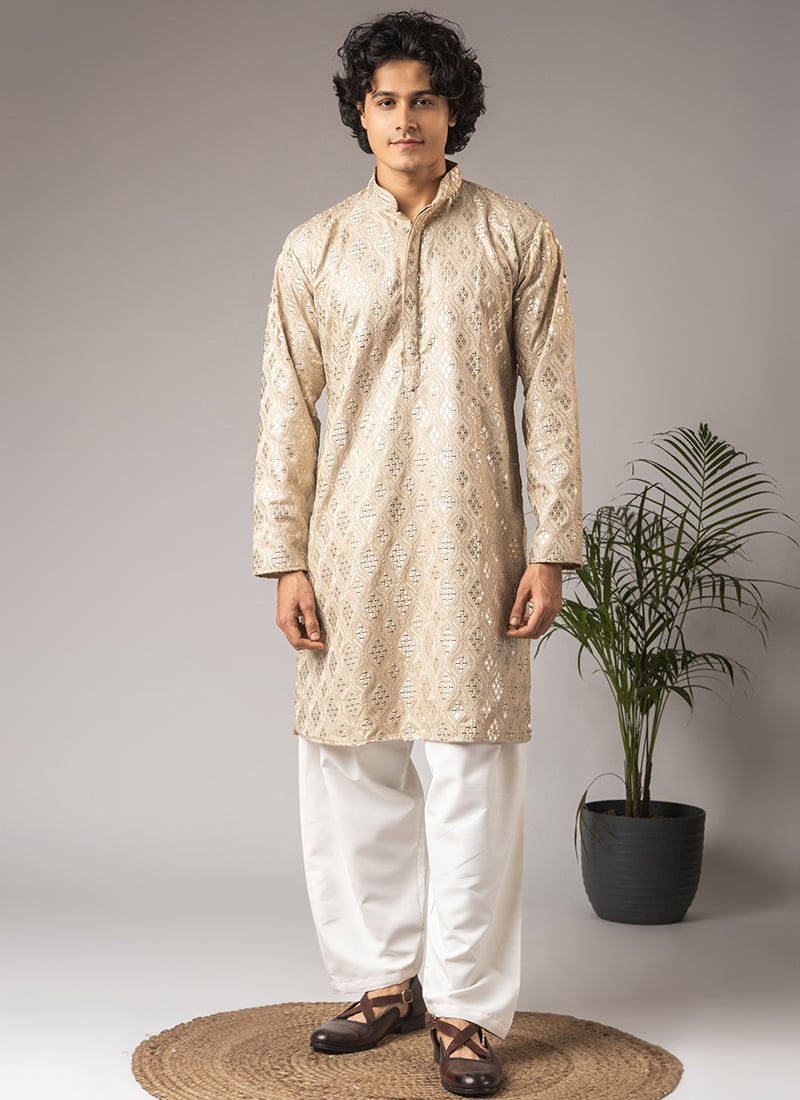 Beige Viscose Thread And Sequins Designed Kurta Pyjama Festive Wear