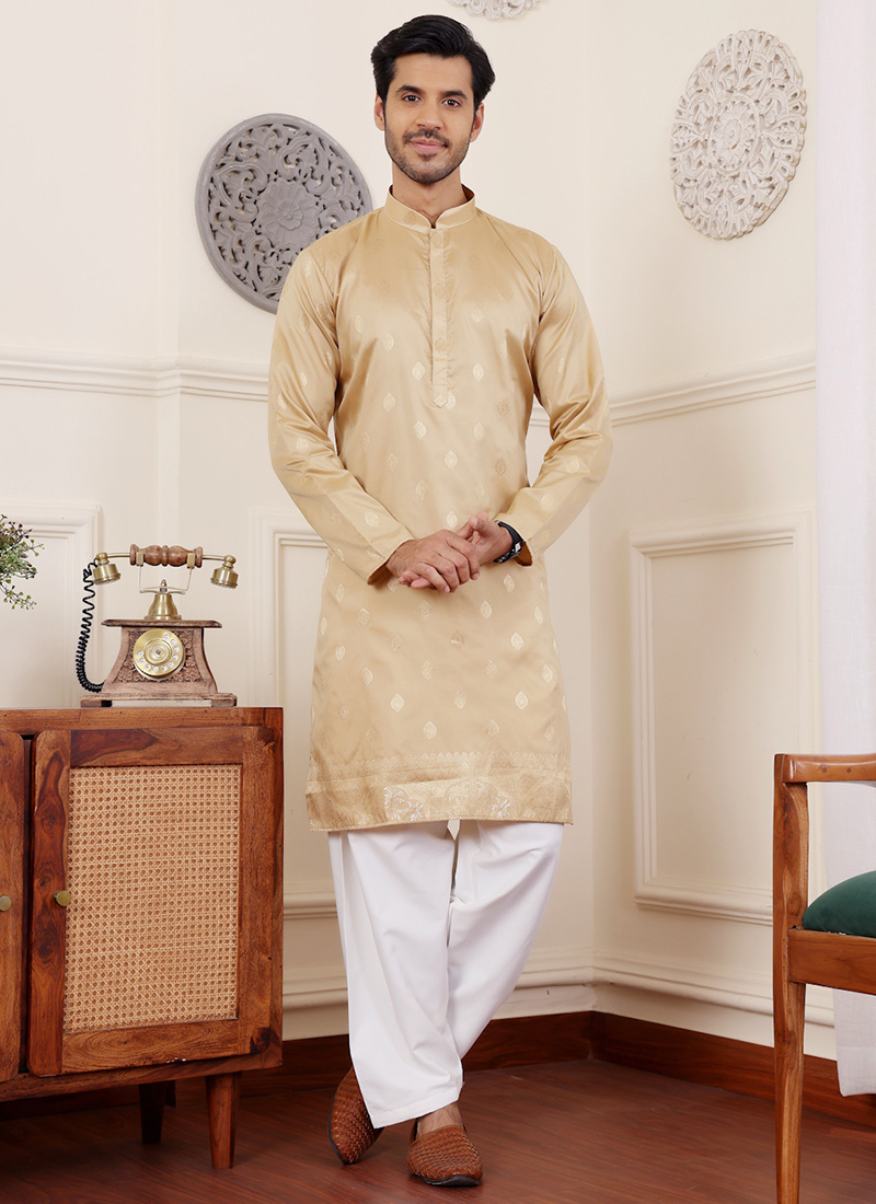 Beige Viscose Woven Jacquard Kurta Pyjama
