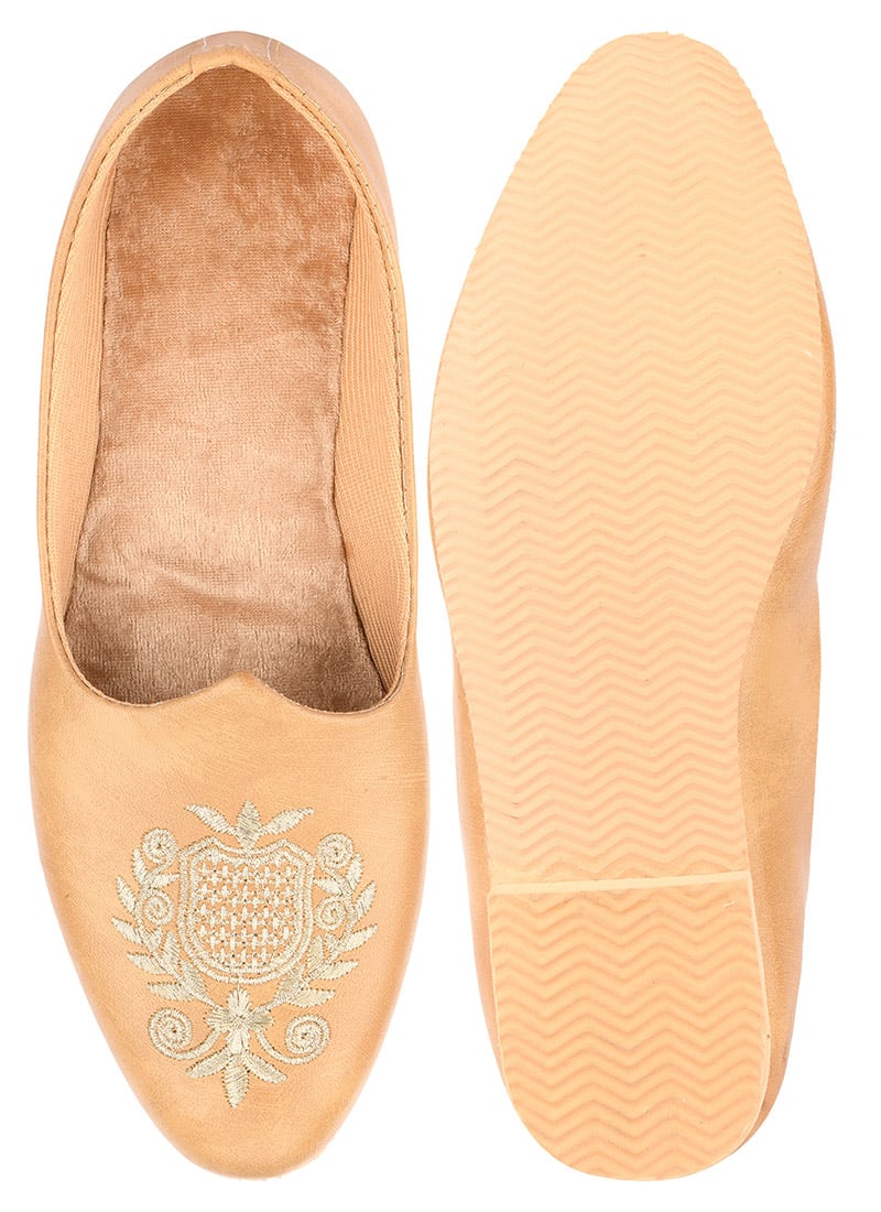 Beige Zari Embroidered Mojri